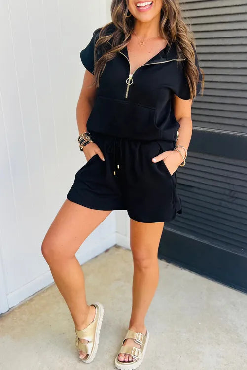 "WAITLIST" Black Textured Half Zip Kangaroo Pocket Top Drawstring Shorts Set
