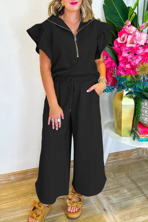 Black Textured Ruffled Sleeve Zipped Top and Wide Leg Pants