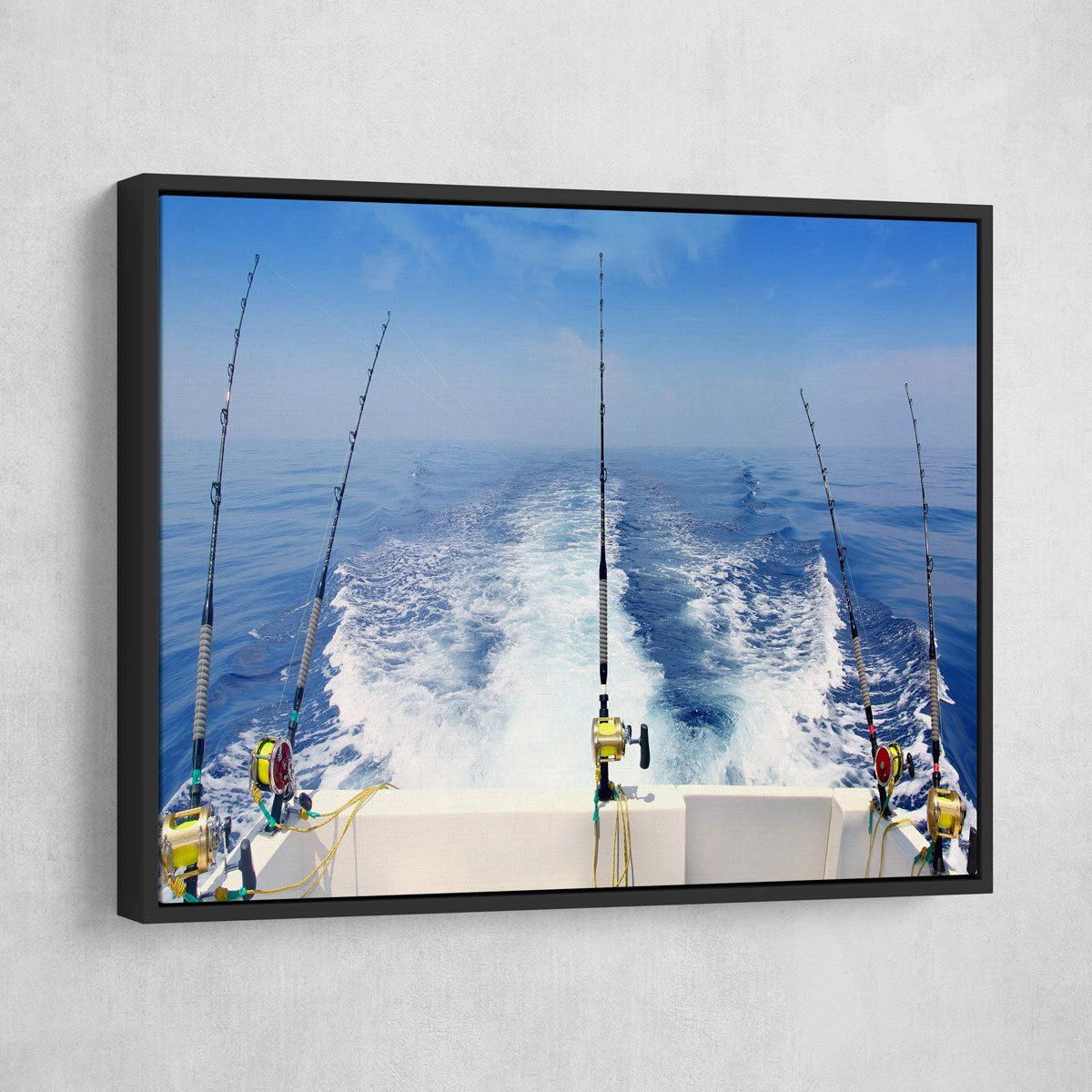 Fishing Reels with Cast Lines Off The Back of A Boat | Large Solid-Faced Canvas Wall Art Print | Great Big Canvas