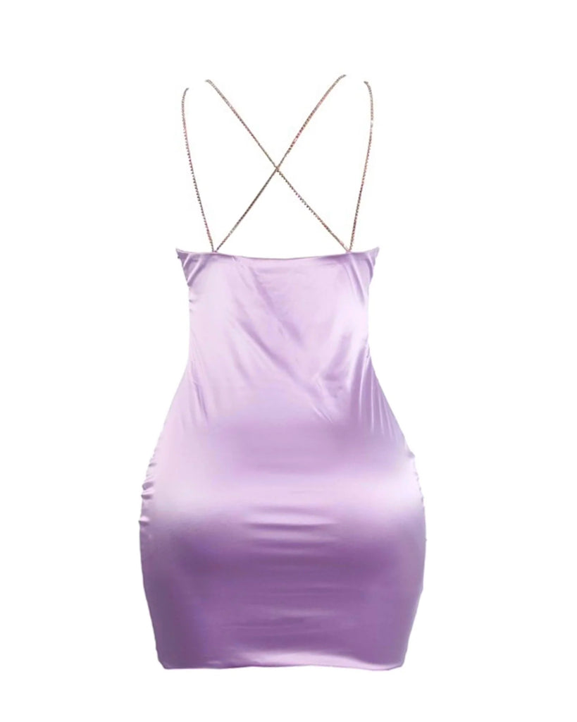 Lilac Crystal Double Strap Satin Dress | PINKY PROMISE LA