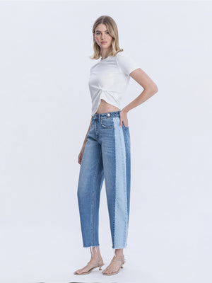 High Rise Two Tone Barrel Leg Jeans - White Oak Boutique