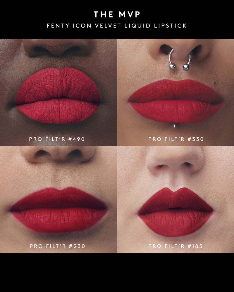 Fenty Icon Velvet lipstick in the red shade MVP shown on the lips of four different models with different skin tones.