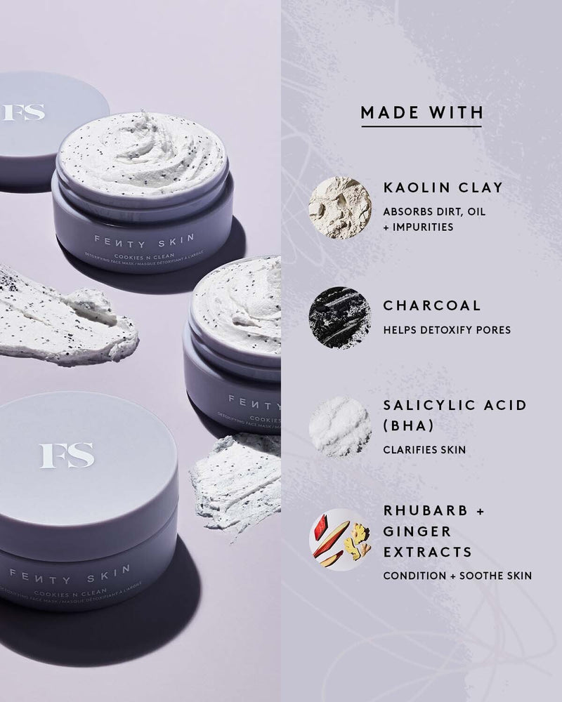 Cookies N Clean open containers and text detailing the key ingredients: kaolin clay, charcoal, salicylic acid, rhubarb & ginger extract.