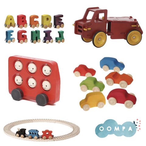 A collection of wooden vehicles from Oompa Toys