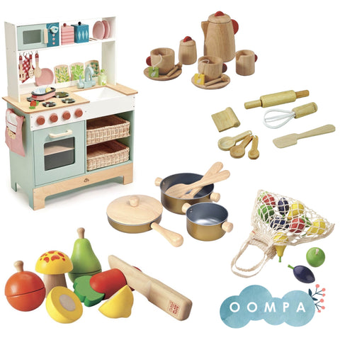 A play kitchen and accessories from Oompa Toys.