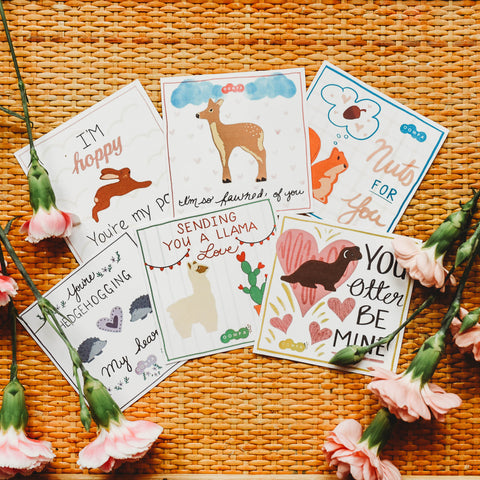 A series of 6 handdrawn printable Valentine's cards featuring Tenderleaf Toys Woodland Animals.