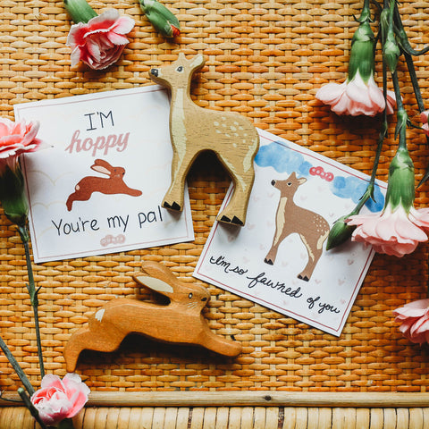 Flowers and Tenderleaf Toys deer and hare next to printable Valentine's Cards.