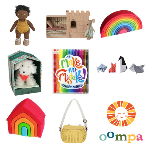 Images of 8 toys picked out for a gift guide chosen by an 8 year old girl from Oompa Toys