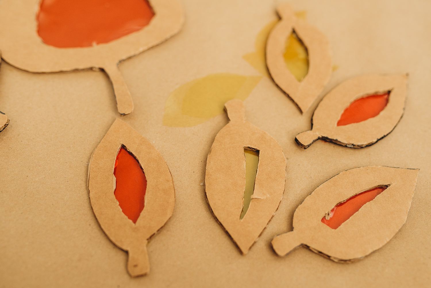 Series of cardboard leaves for an eco-friendly fall craft project.