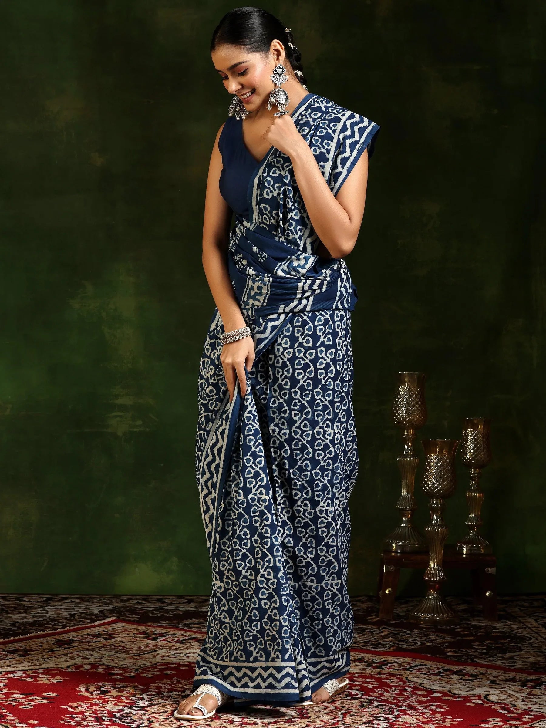 indigo printed cotton saree with unstitched blouse piece
