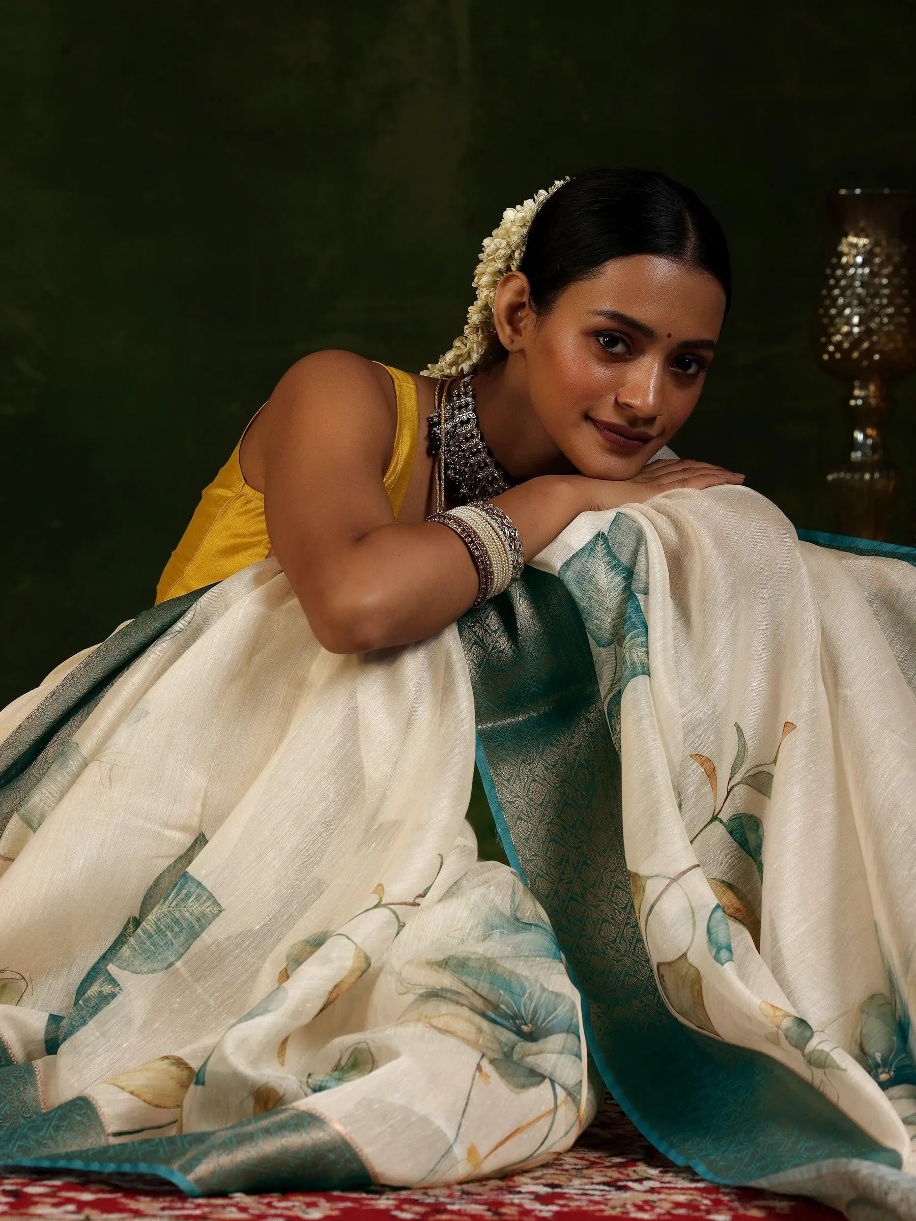 beige printed silk blend saree with unstitched blouse piece