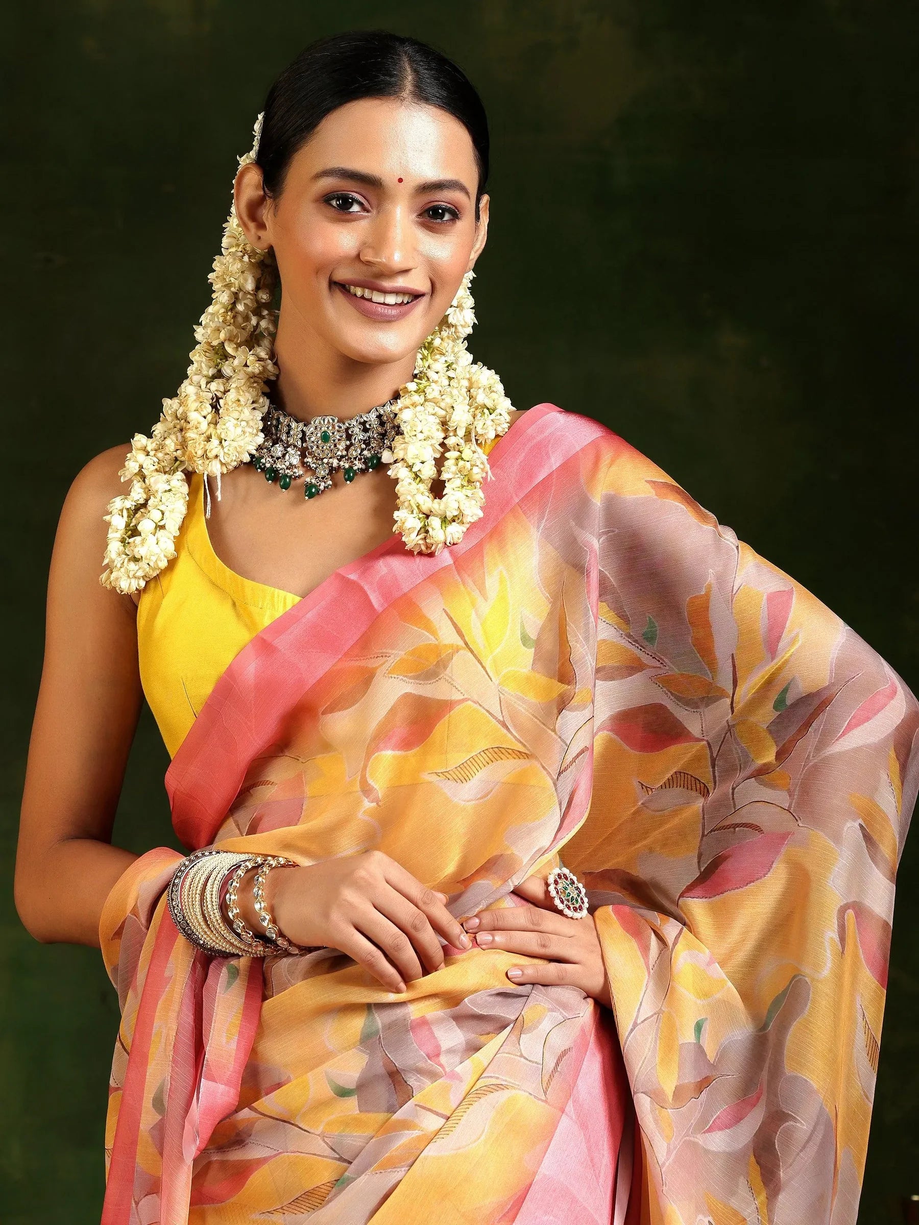 mustard printed poly chiffon saree with unstitched blouse piece