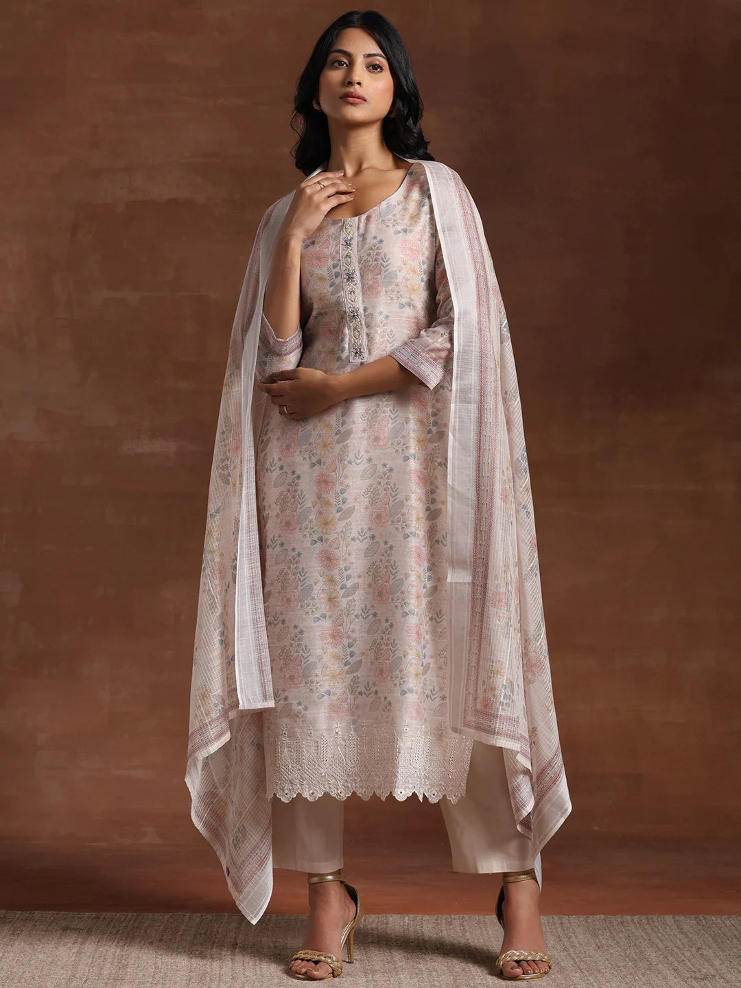 Beige Printed Chanderi Silk Straight Suit With Dupatta