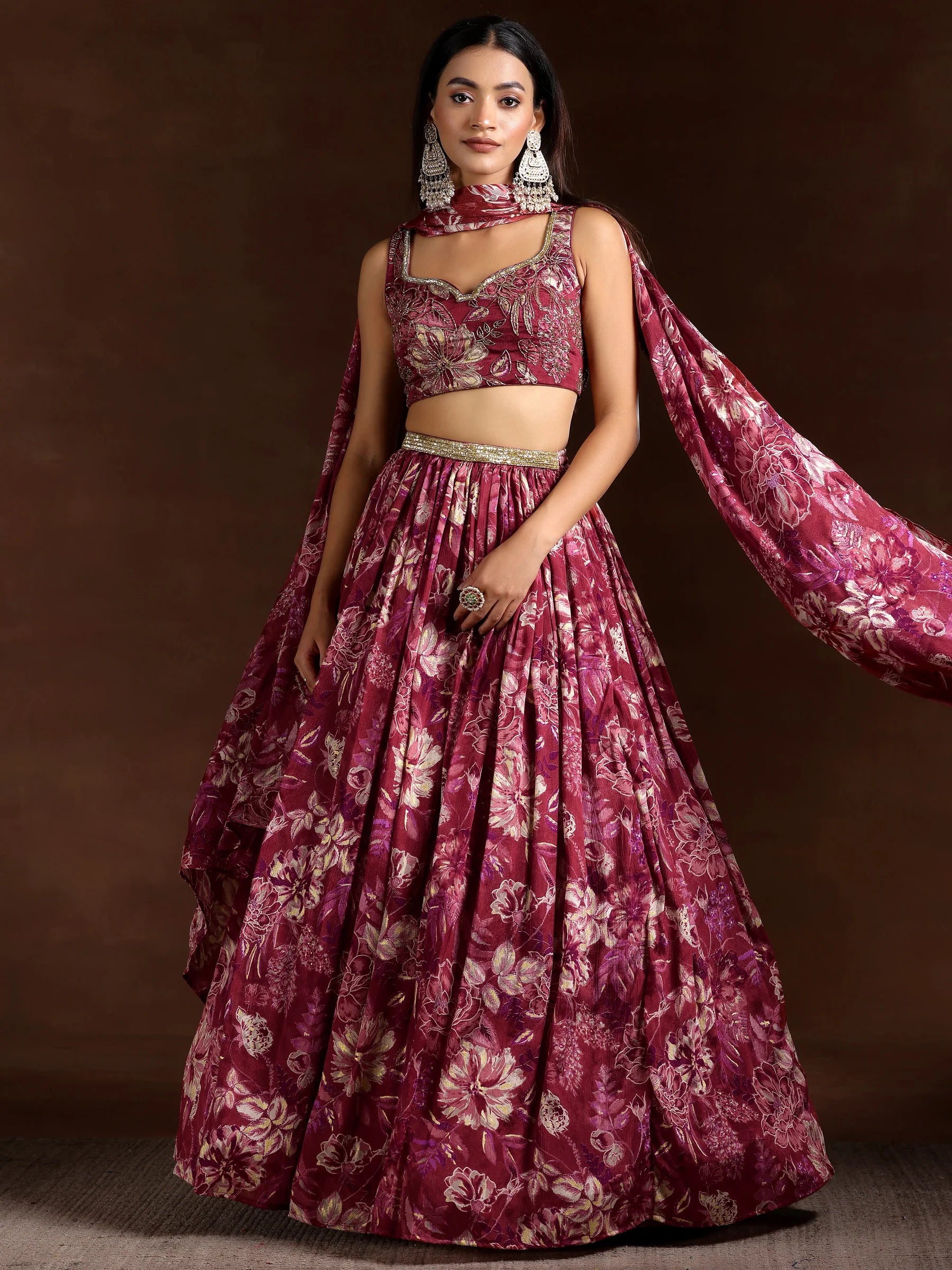 maroon hand embroidered chinon lehenga set