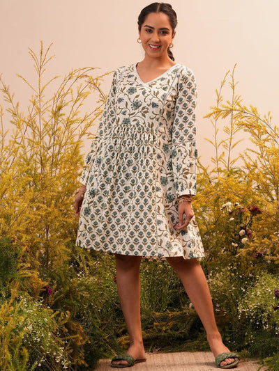 Buy Teal Printed A-line Winter Dress Online - W for Woman