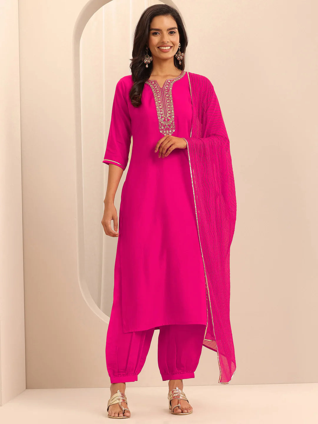 Pink Embellished Silk Blend Straight Suit Set With Dupatta
