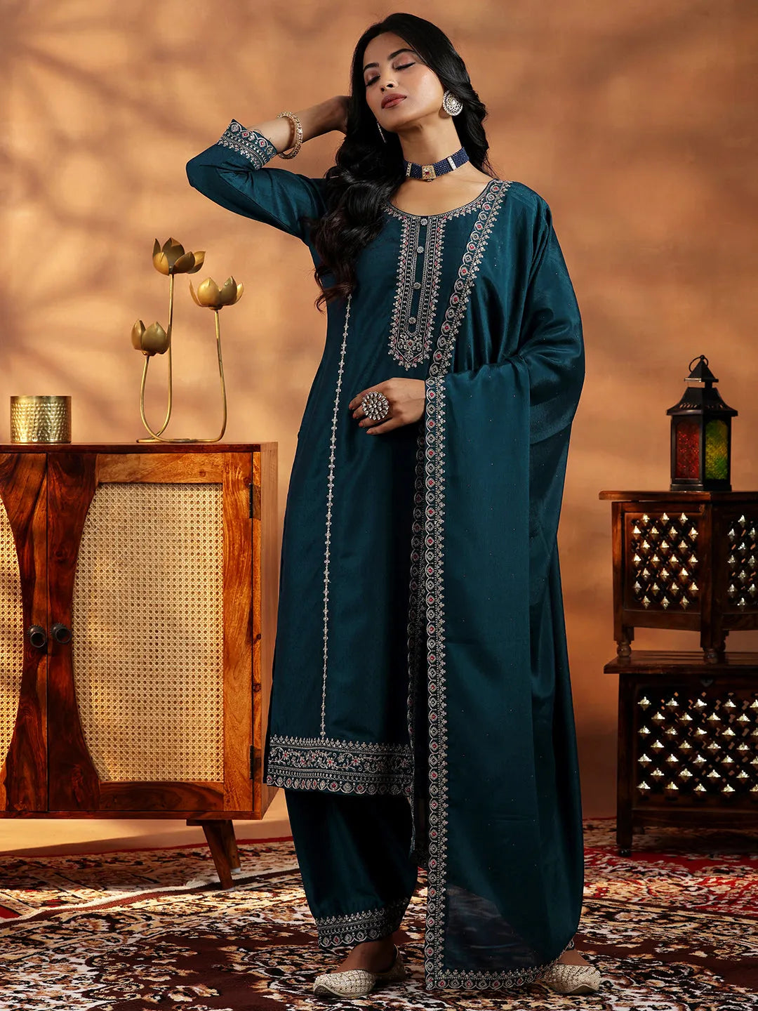 Teal Embroidered Silk Blend Straight Suit With Dupatta - Libas product image