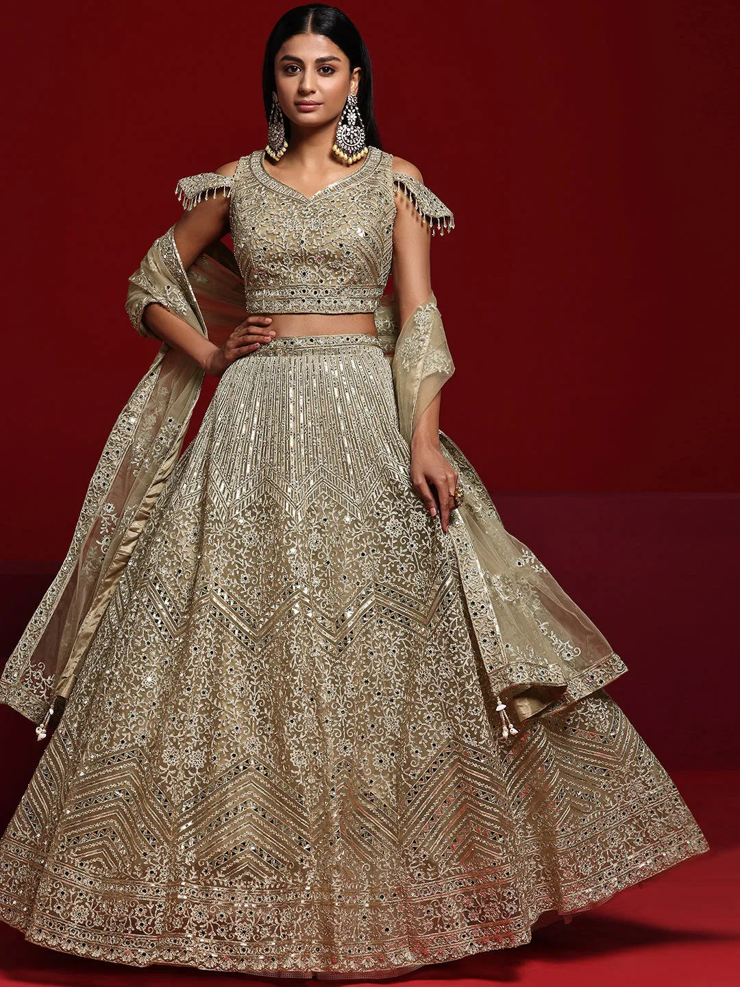 beige embellished net lehenga set