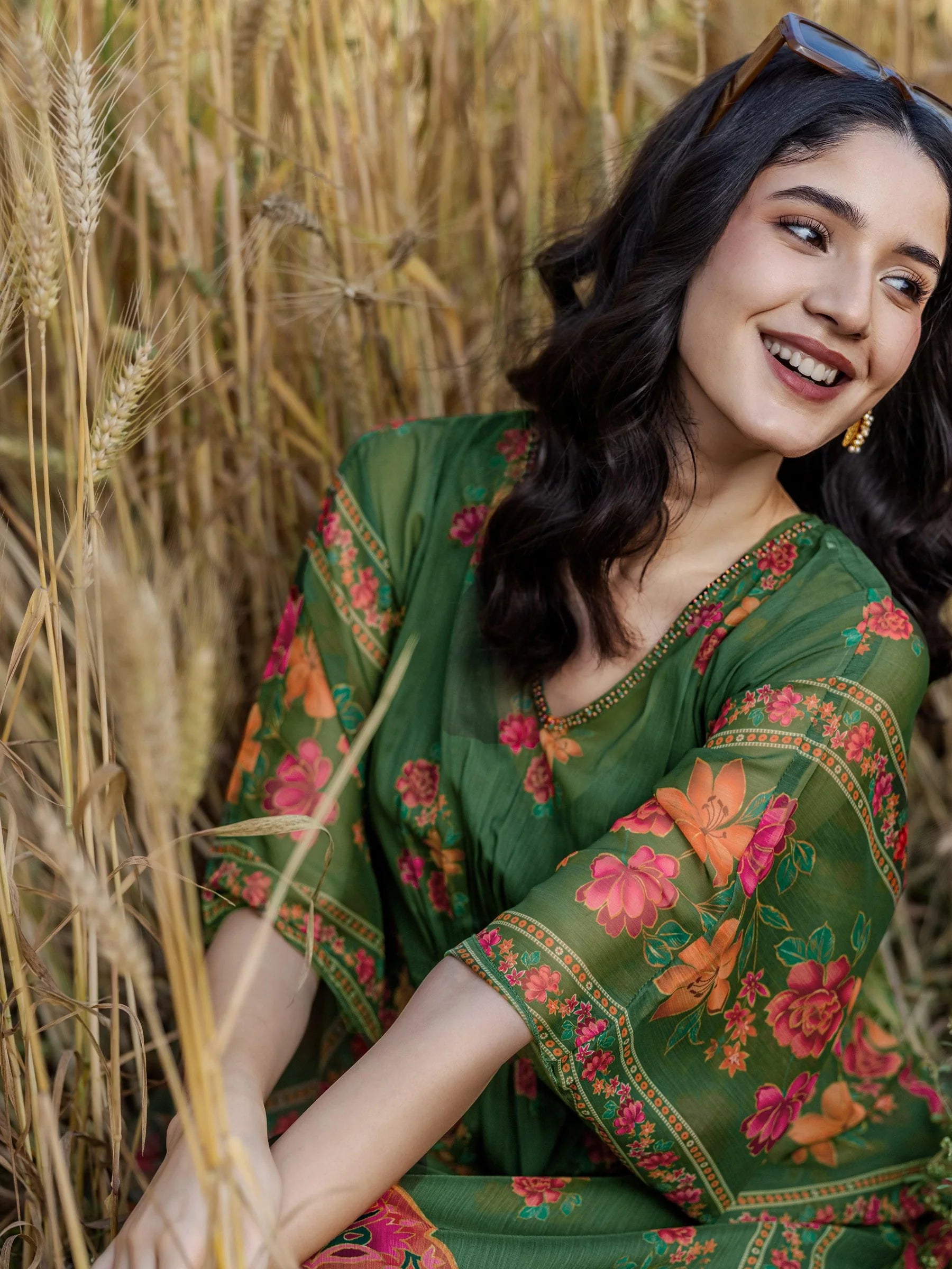 Green Printed Chiffon Kaftan Kurta Set