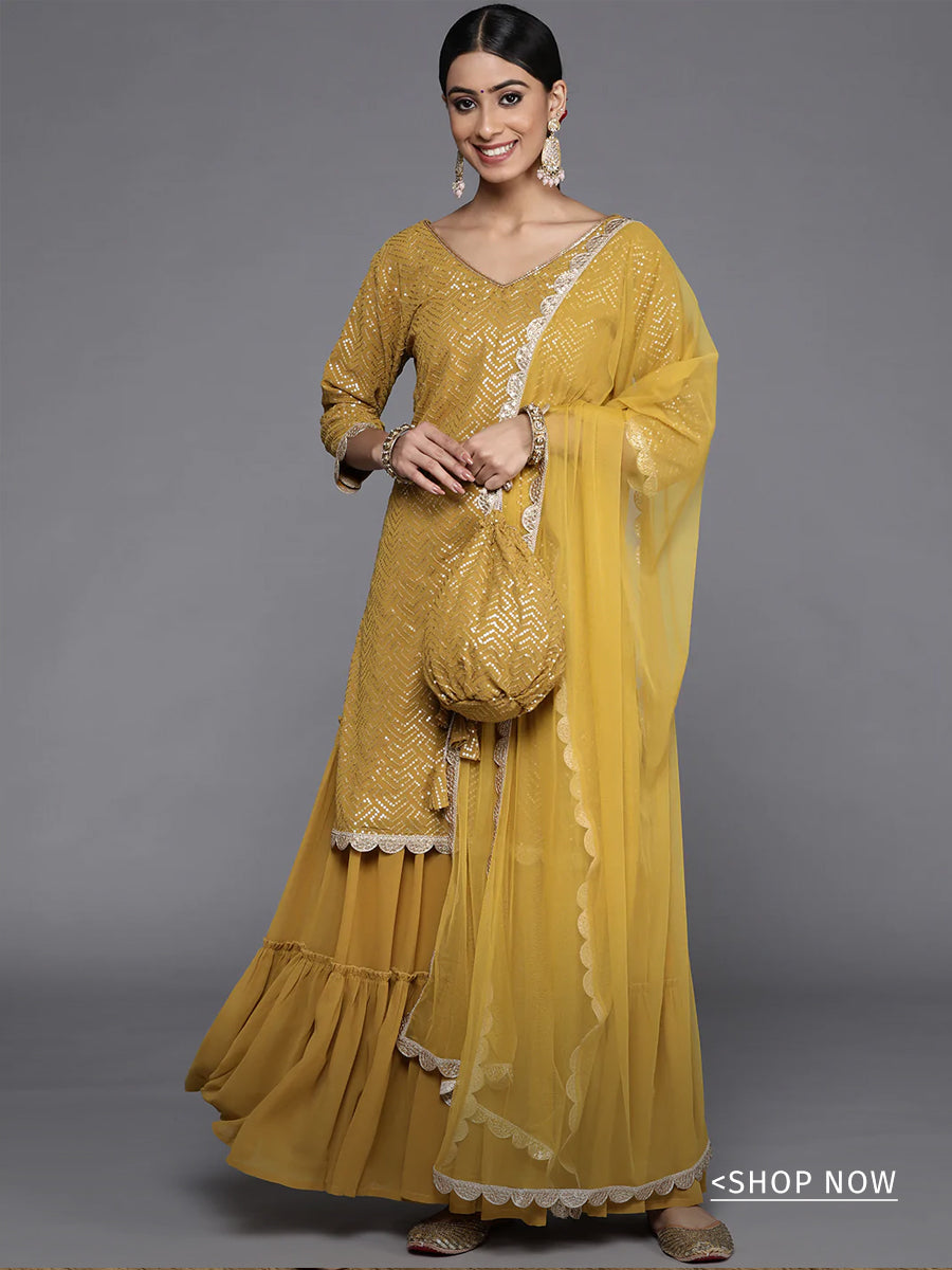 Mustard Sequinned Georgette Straight Sharara Suit Set With Potli