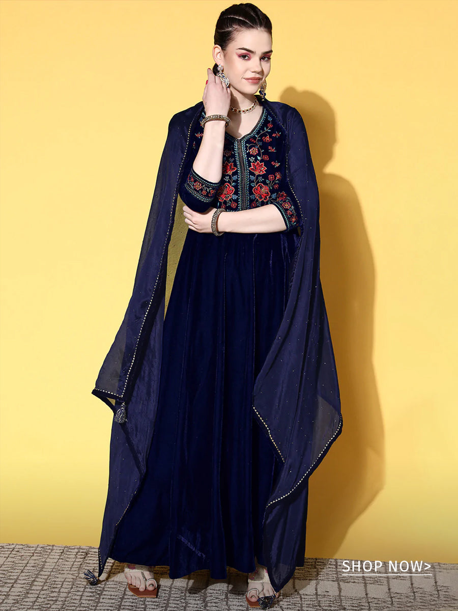 Blue Yoke Design Velvet Anarkali Suit Set