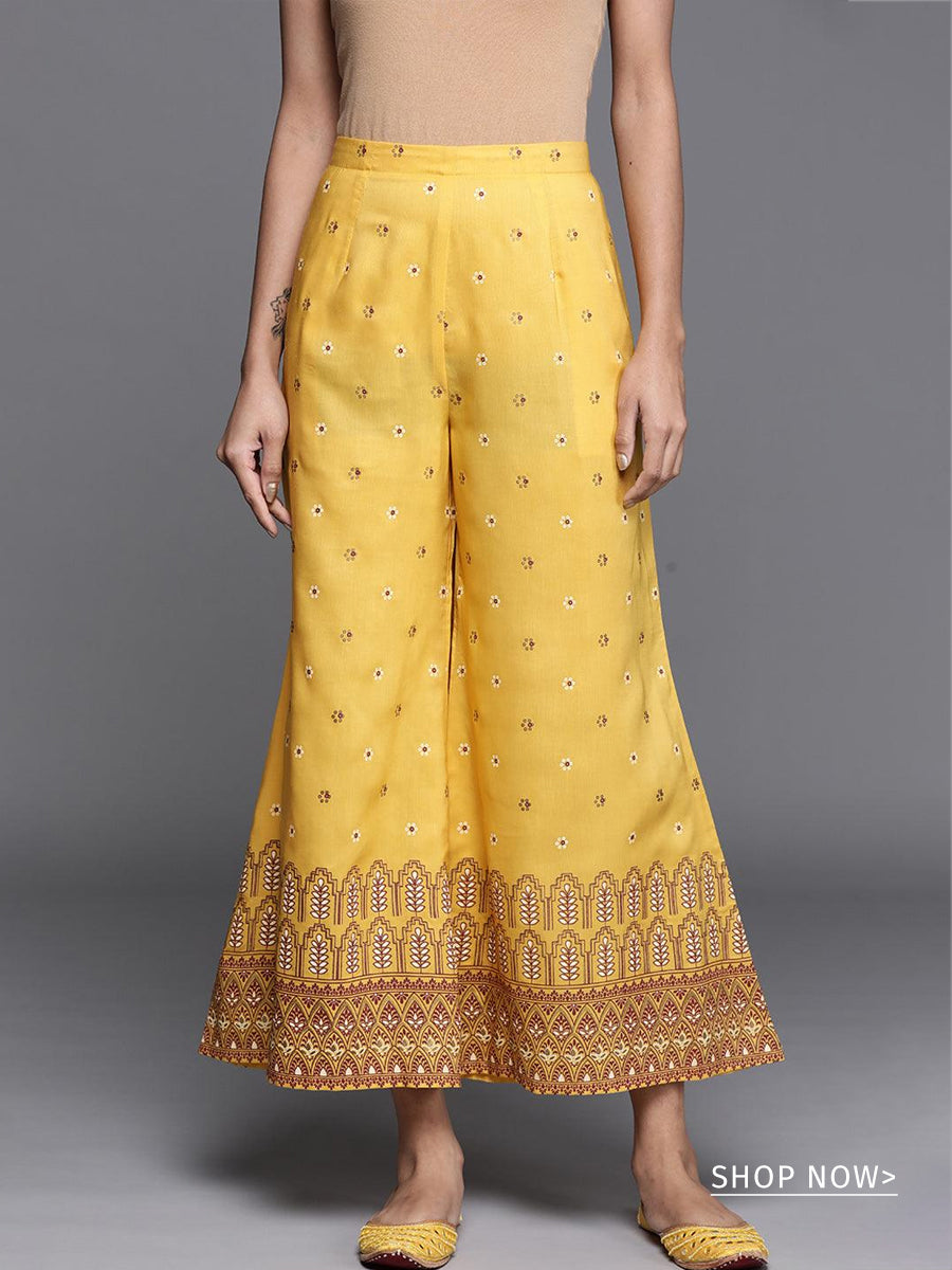 Yellow Printed Silk Palazzos