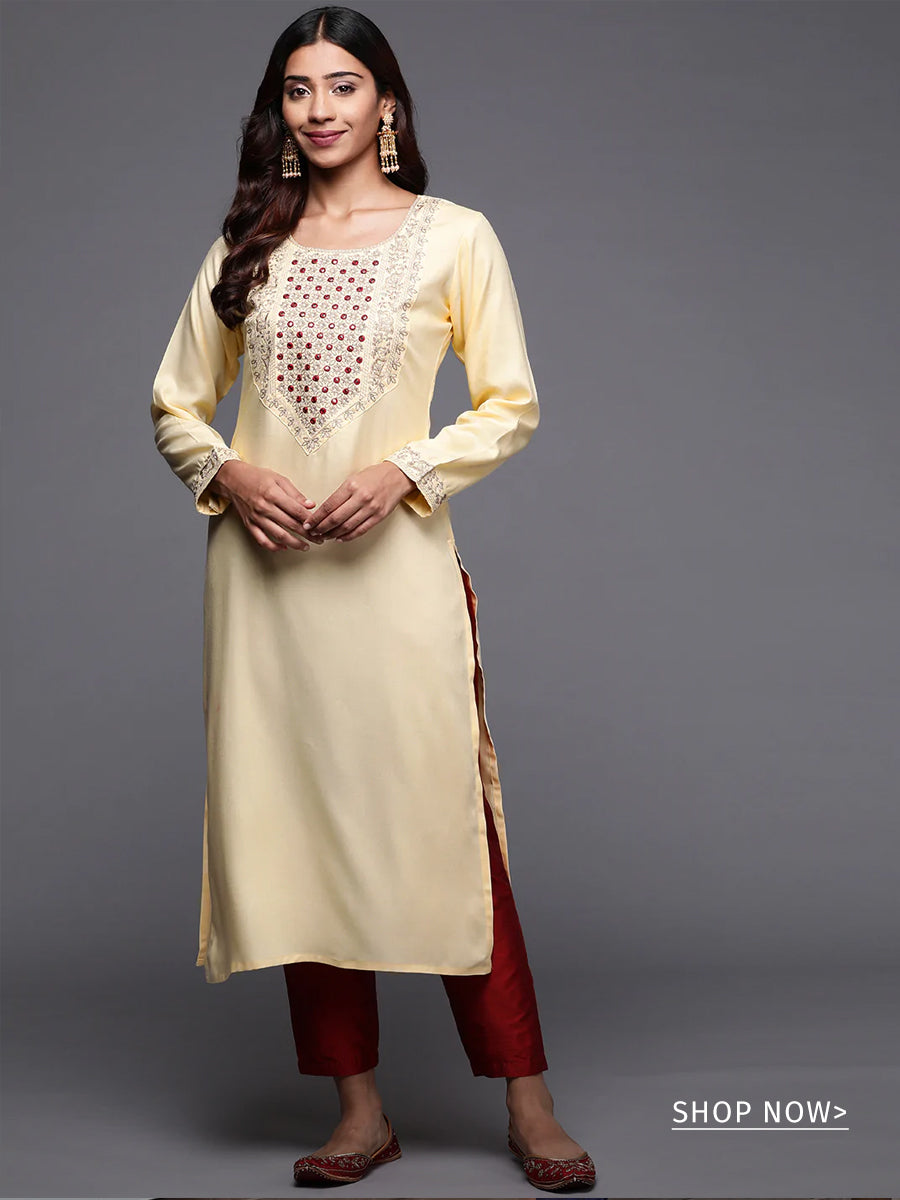 Cream Yoke Design Pashmina Wool Straight Kurta