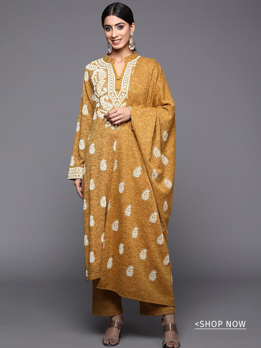 Mustard Printed Wool Straight Suit Set
