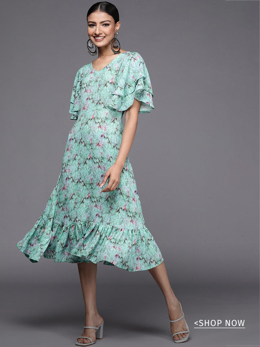 Sea Green Printed Georgette Flared Dress