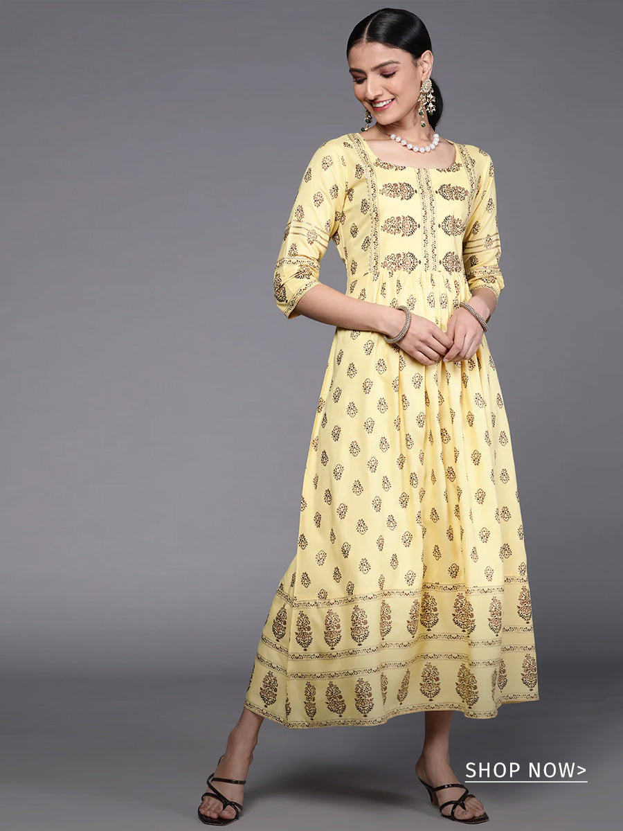 Yellow cotton kurti | Long kurti designs, Kurti designs party wear, Yellow  kurti