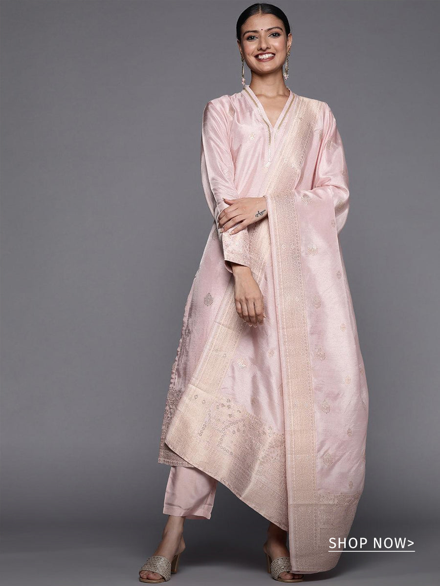 Pink Self Design Chanderi Silk Straight Suit Set