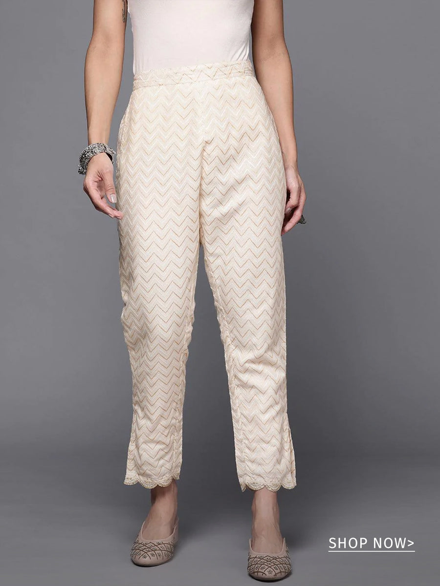 Cream Printed Cotton Trousers