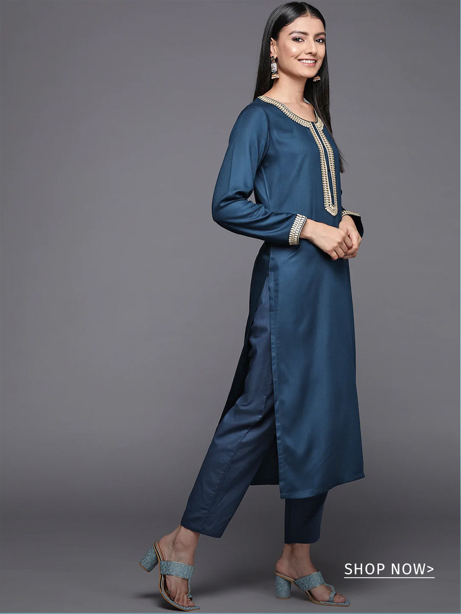 Teal Yoke Design Silk Kurta