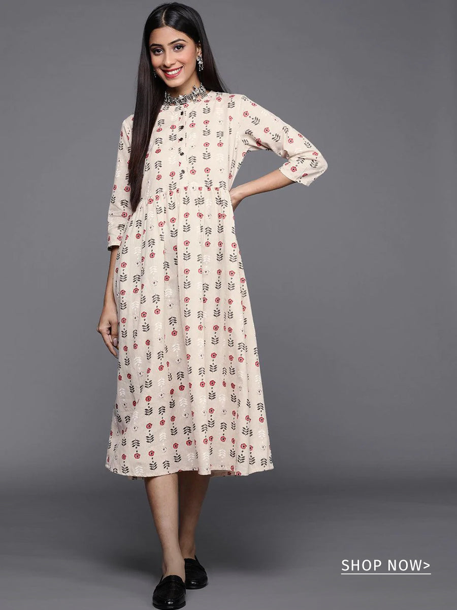 Elegant A line Cotton Dress In Solid Pattern