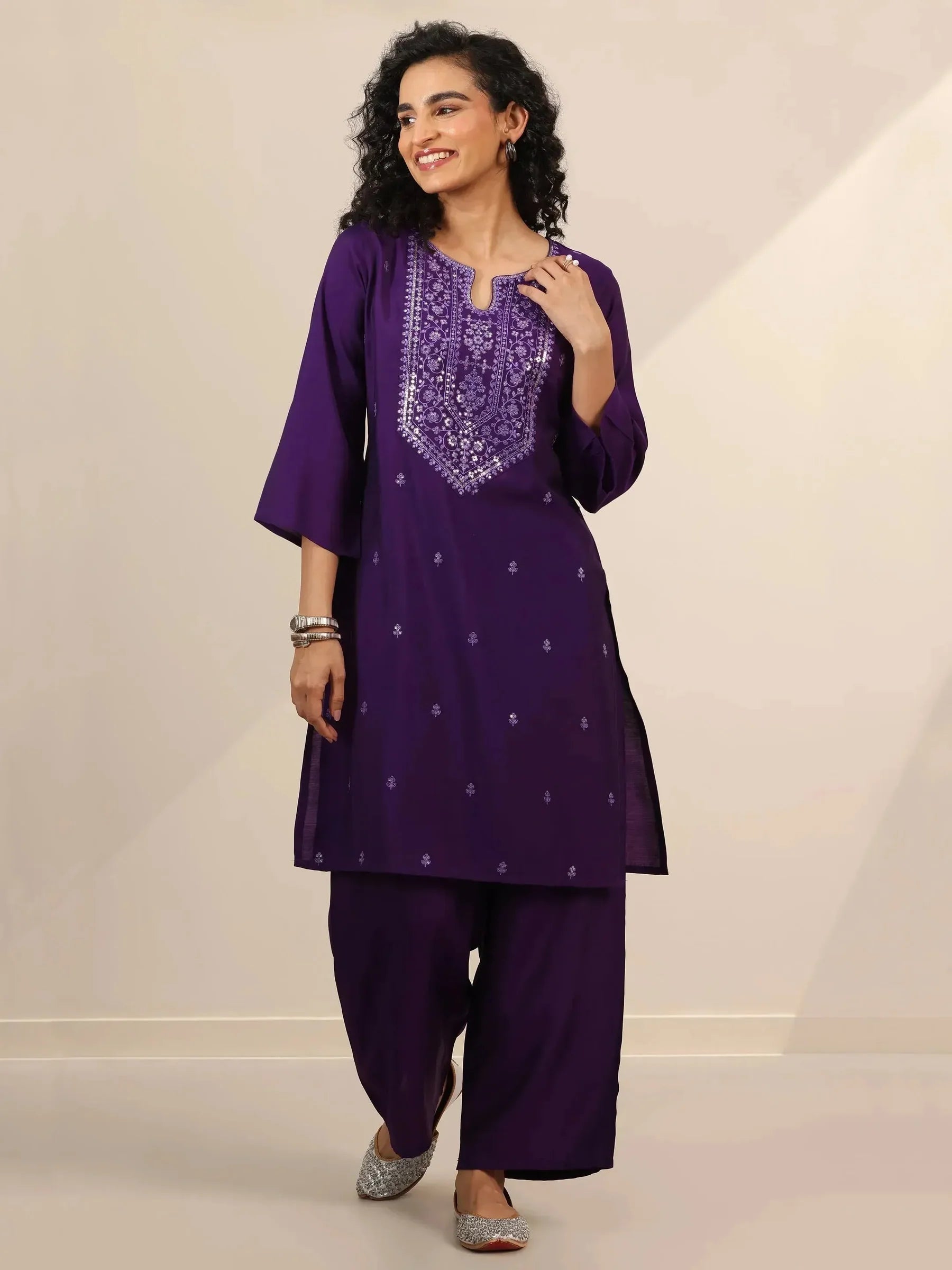 Purple Embroidered Silk Blend Straight Kurta Set
