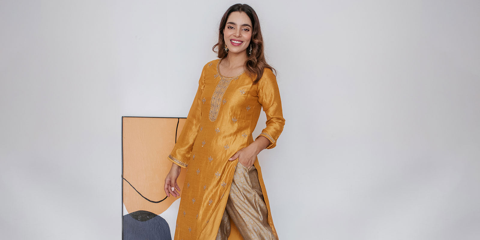 Beige Solid Upada Silk A-Line Kurti With Palazzo | Rescue