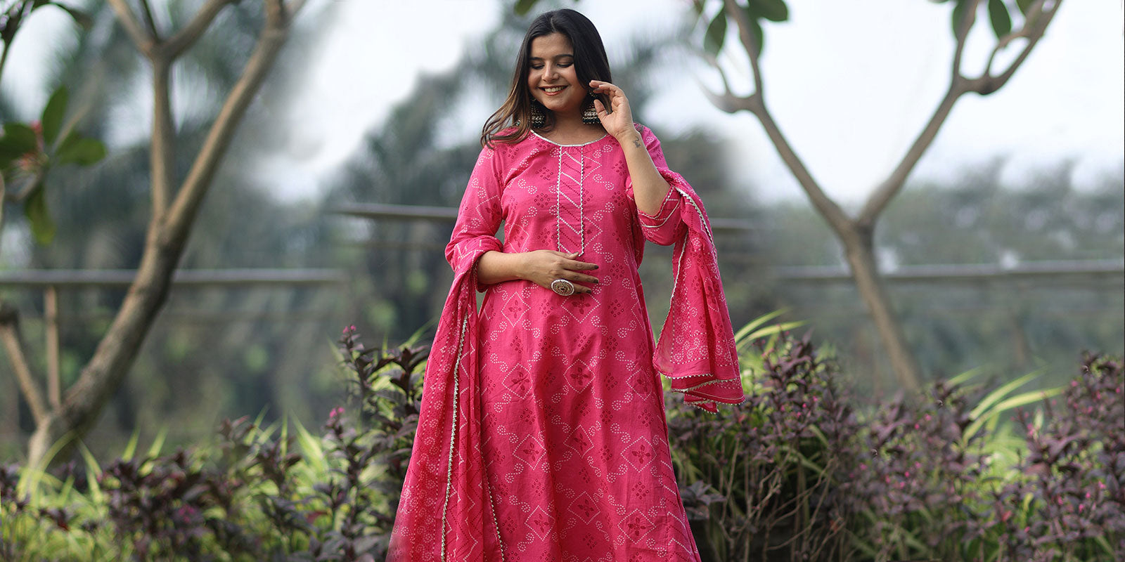 Raani Pink Bandhej Printed Festive Gown – Roopkala Heritage