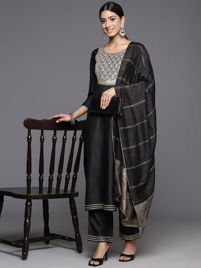 Buy Black Self Design Art Silk Straight Kurta With Trousers & Dupatta  Online at Rs.1189