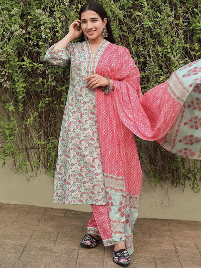 Buy Coral Yoke Design Cotton Straight Kurta With Trousers & Dupatta Online  at Rs.1644