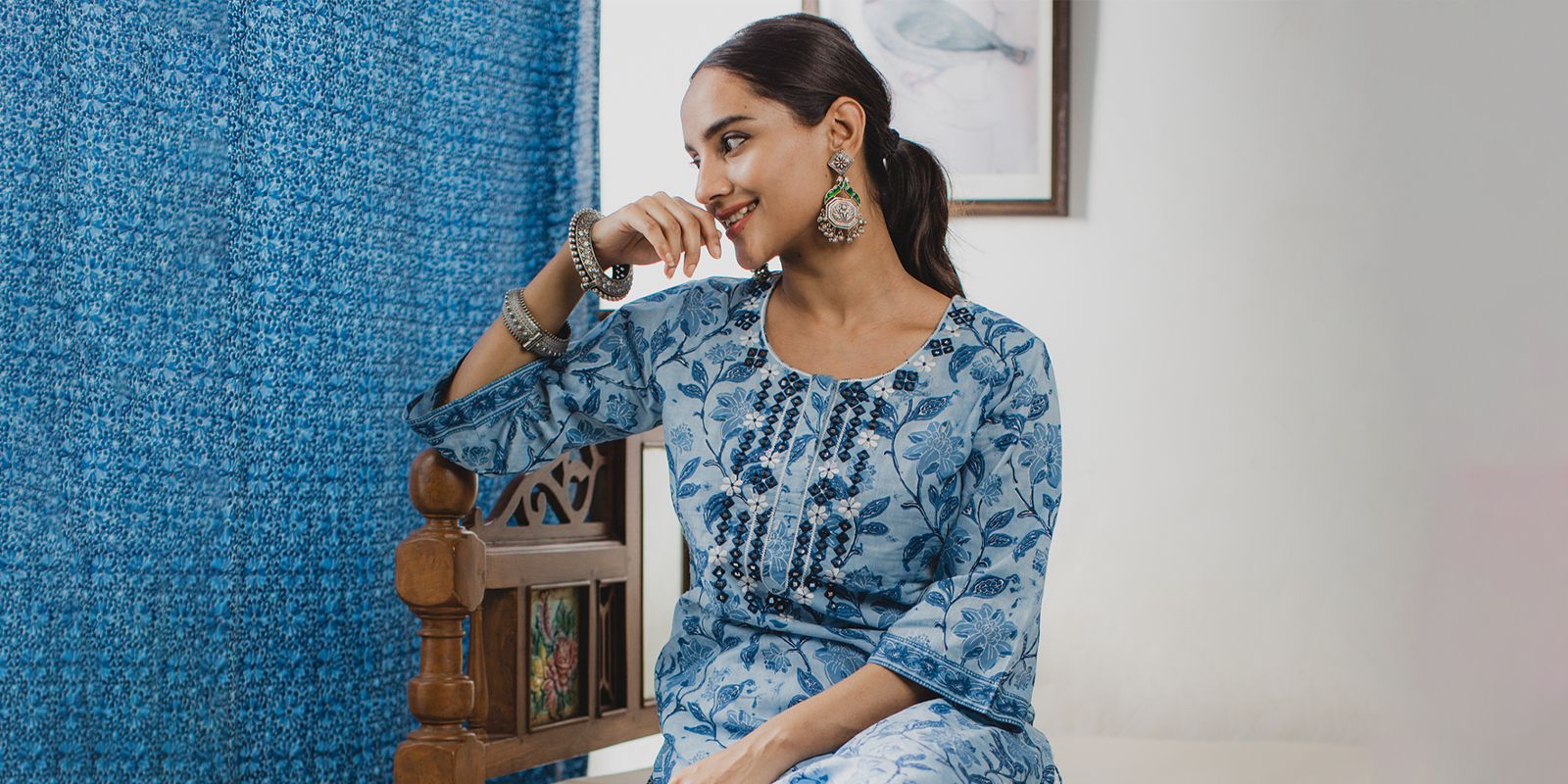 Floral Printed Mirror & Zari Embroidered Kurti with Pants Indo-Western –  FASHOR