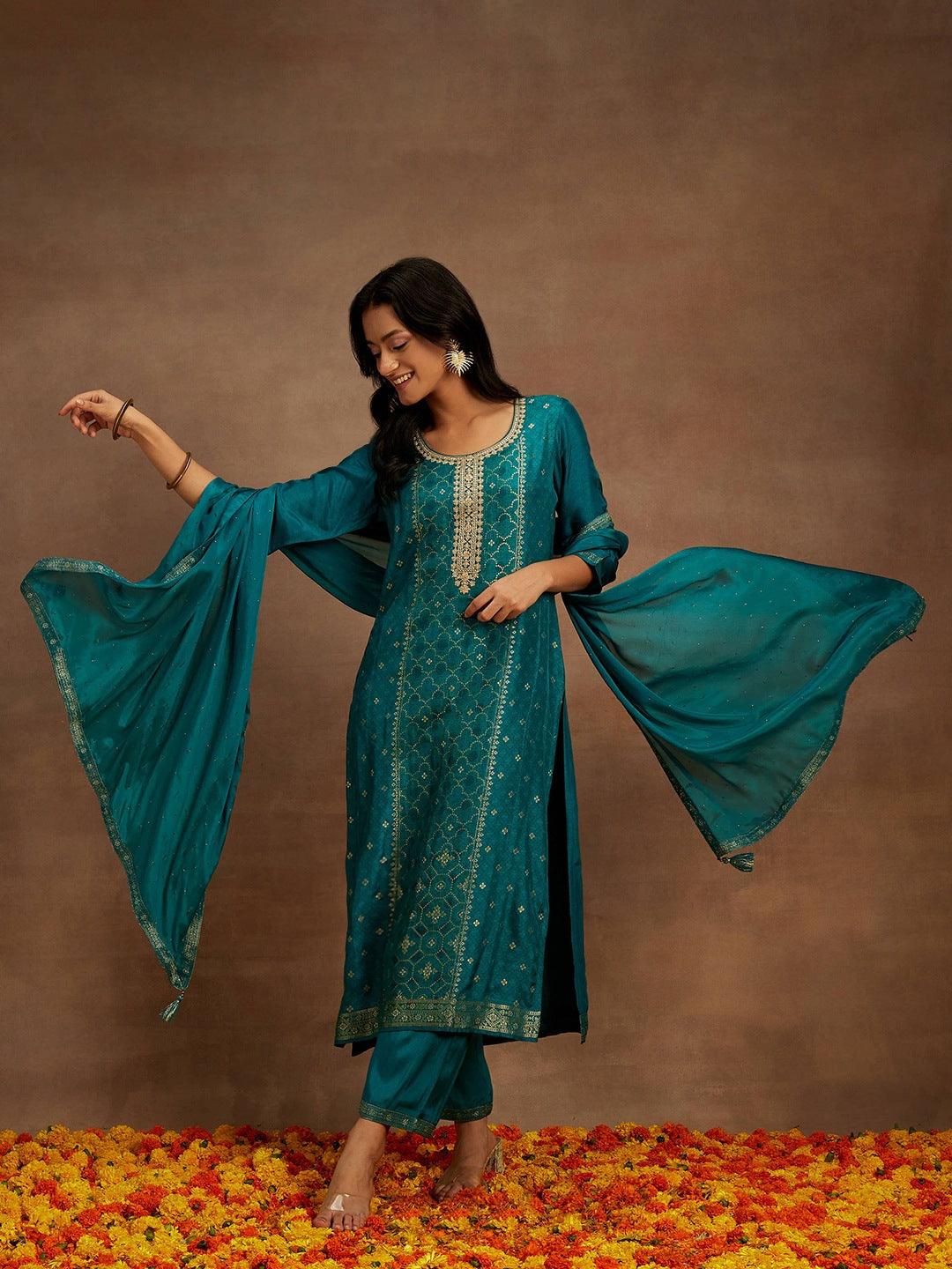 green woven design silk blend straight kurta with trousers and dupatta libas 1 27588688380054