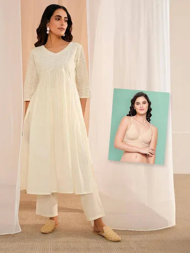 Off White Embroidered Cotton Straight Kurta Set