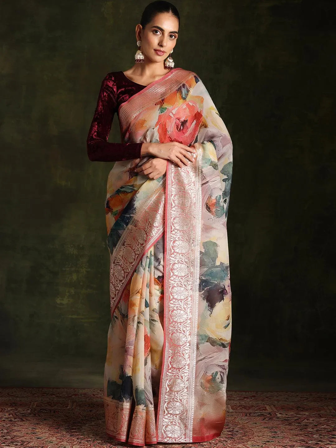 Pink Printed Organza Saree With Unstitched Blouse Piece