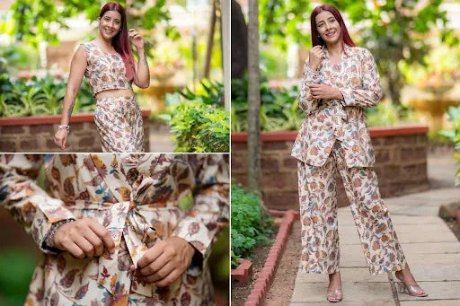 Beige Printed Silk Blend Co-Ords