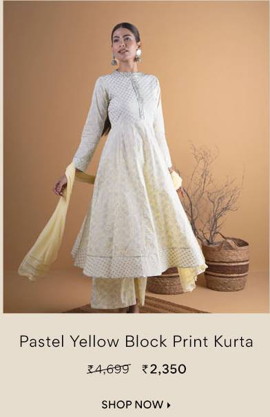 Pastel Yellow Block Print Kurta With Palazzos And Dupatta