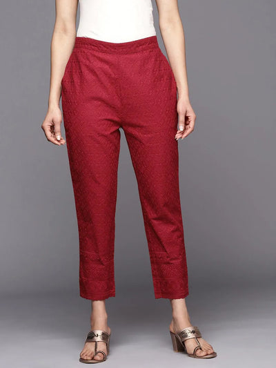 Buy Maroon Solid Cotton Trousers Online at Rs.713