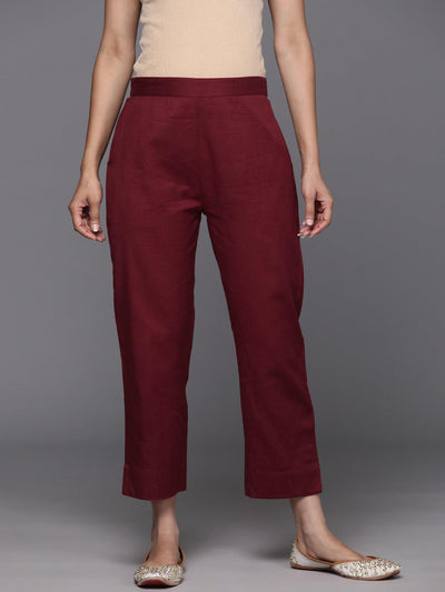Buy Maroon Solid Cotton Trousers Online at Rs.713