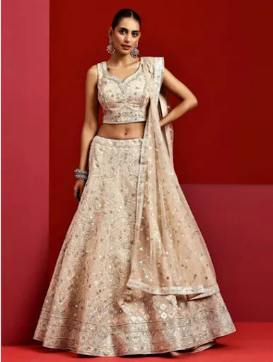 Libas Art Beige Embroidered Silk Blend Lehenga Set