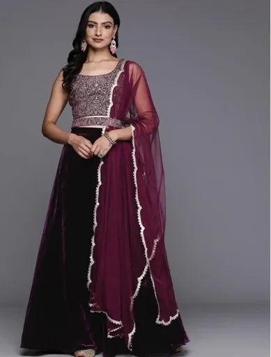 Wine Embroidered Velvet Lehenga Set