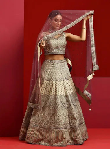 Libas Art Olive Embroidered Silk Blend Lehenga Set